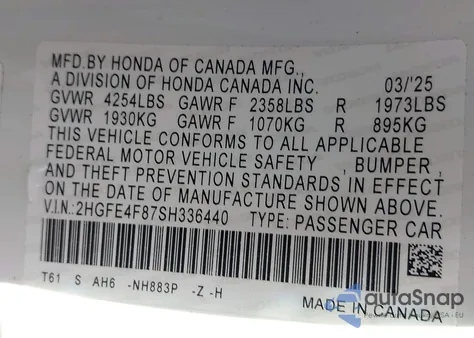 2025 Honda Civic Hybrid Sport/Sport Touring z USA, uszkodzony, nr VIN 2HGFE4F87SH336440